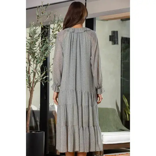 SAGE RUFFLED TIE NECK LONG SLEEVES MAXI DRESS D8205: SAGE / Contemporary / S