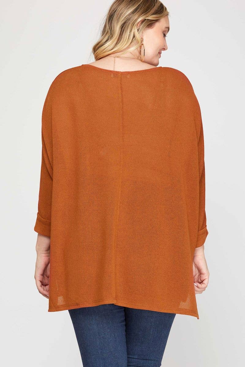 RUST BATWING 3/4 SLEEVES HI-LOW PLUS SIZE KNIT TOP S10PSS651