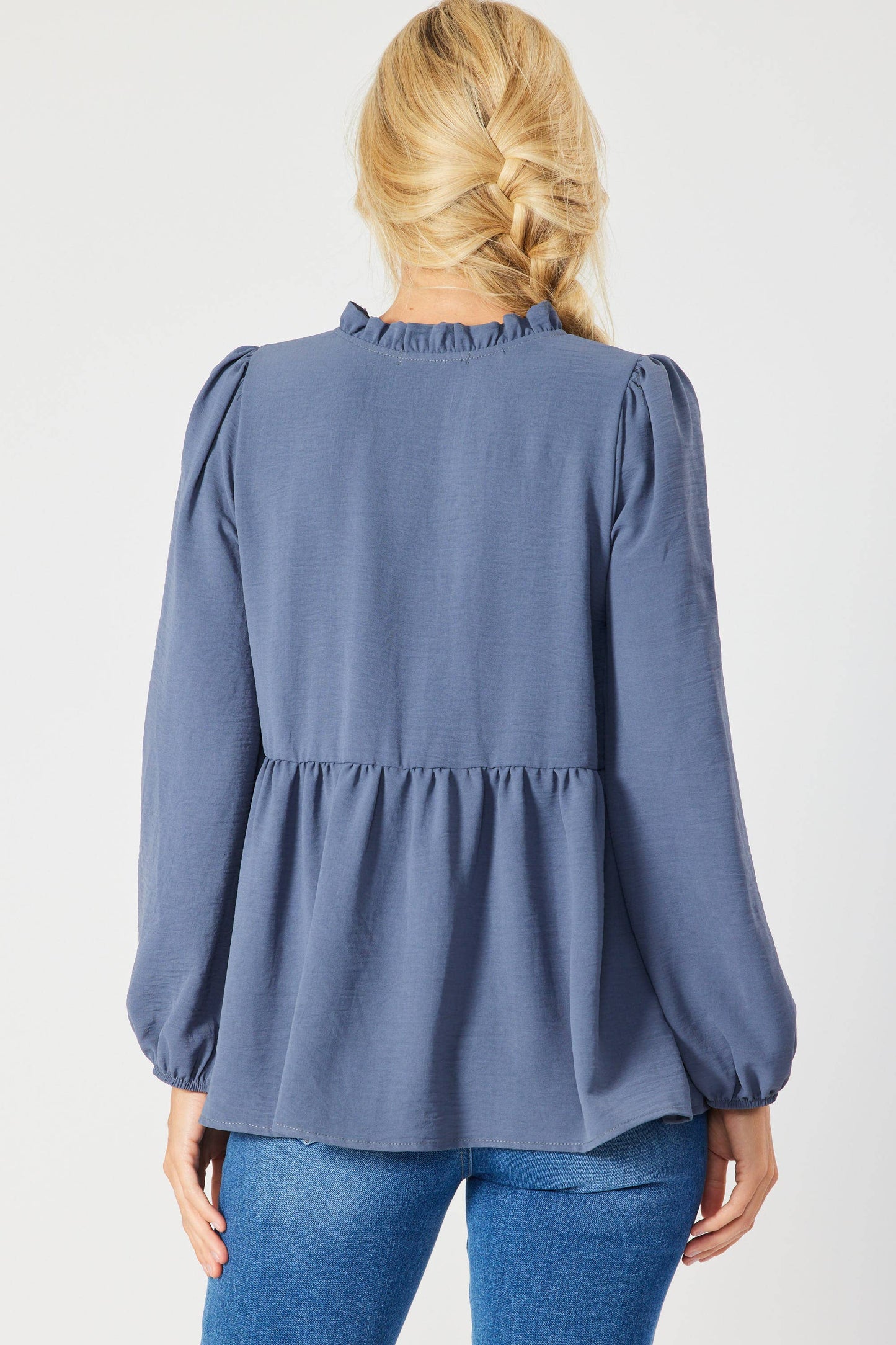 ST3073-A - SOLID LONG SLEEVE PEPLUM TOP WITH RUFFLE COLLAR