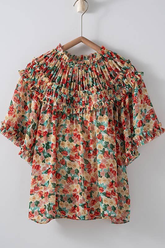 Aurora of Ruffle Short Sleeve Blouse: CORAL/GREEN / S-M-L(2-2-2)