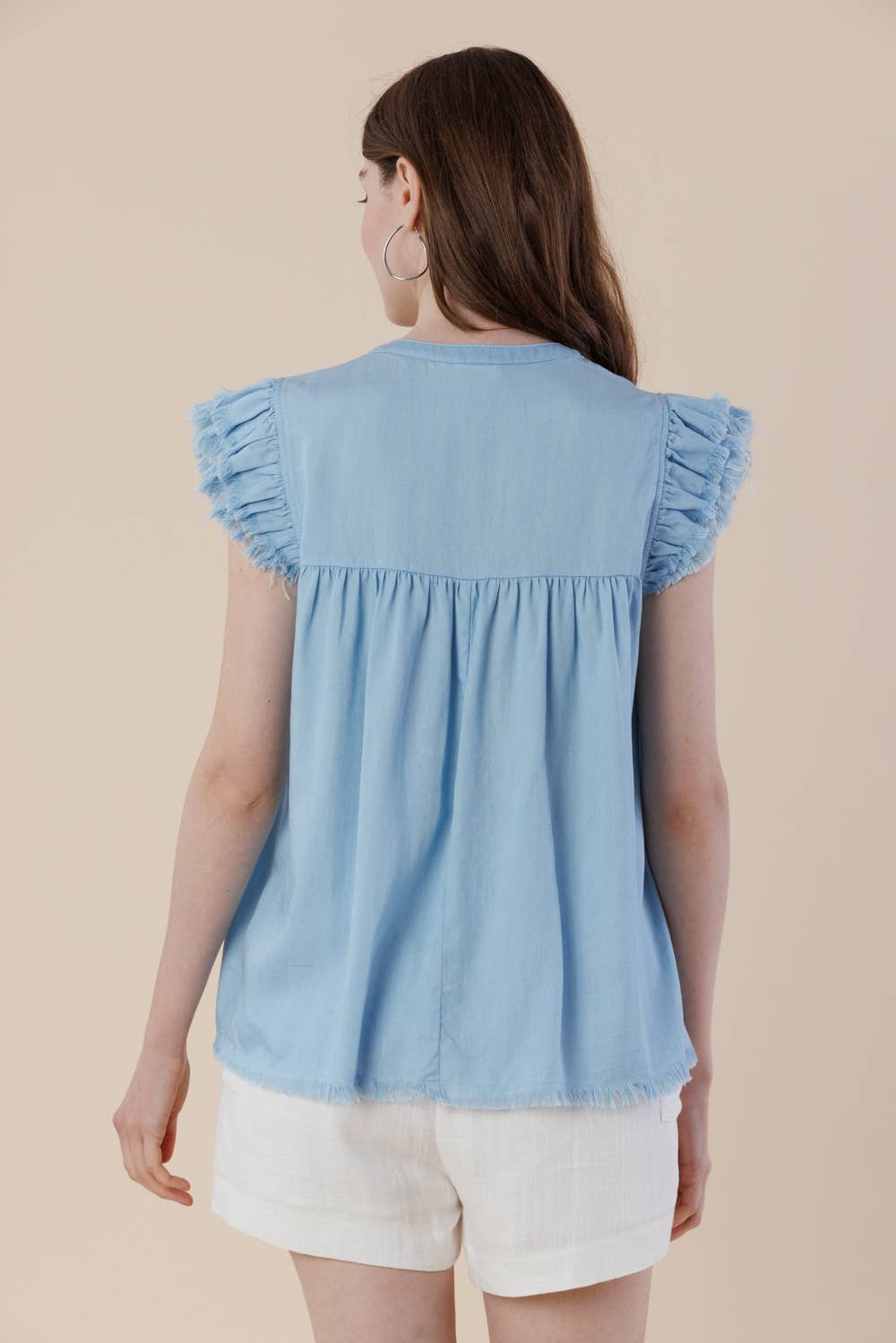 Pre-Washed Tencel Denim Frayed Ruffle Cap Sleeve Top