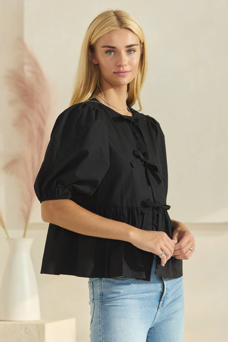 Solid Cotton Poplin Front Tie Ribbon Blouse: Burgundy / L