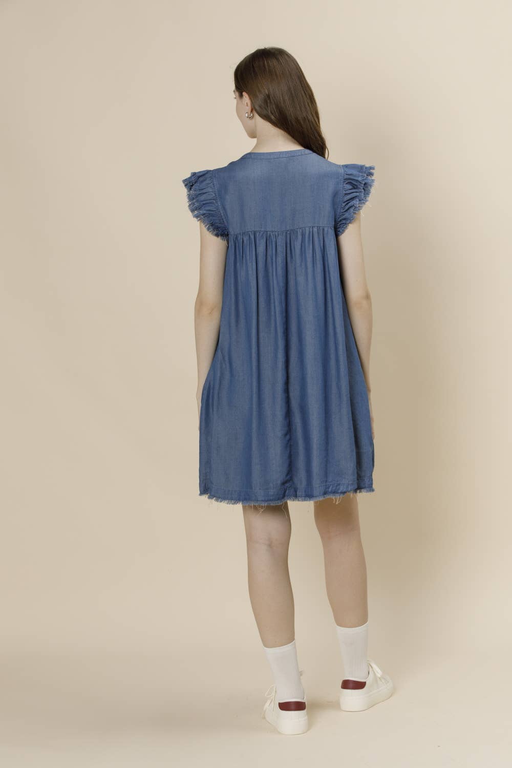Frayed Sleeve Tencel Denim Mini Dress