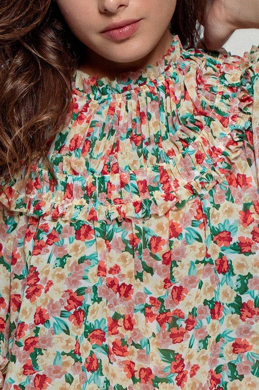 Aurora of Ruffle Short Sleeve Blouse: CORAL/GREEN / S-M-L(2-2-2)