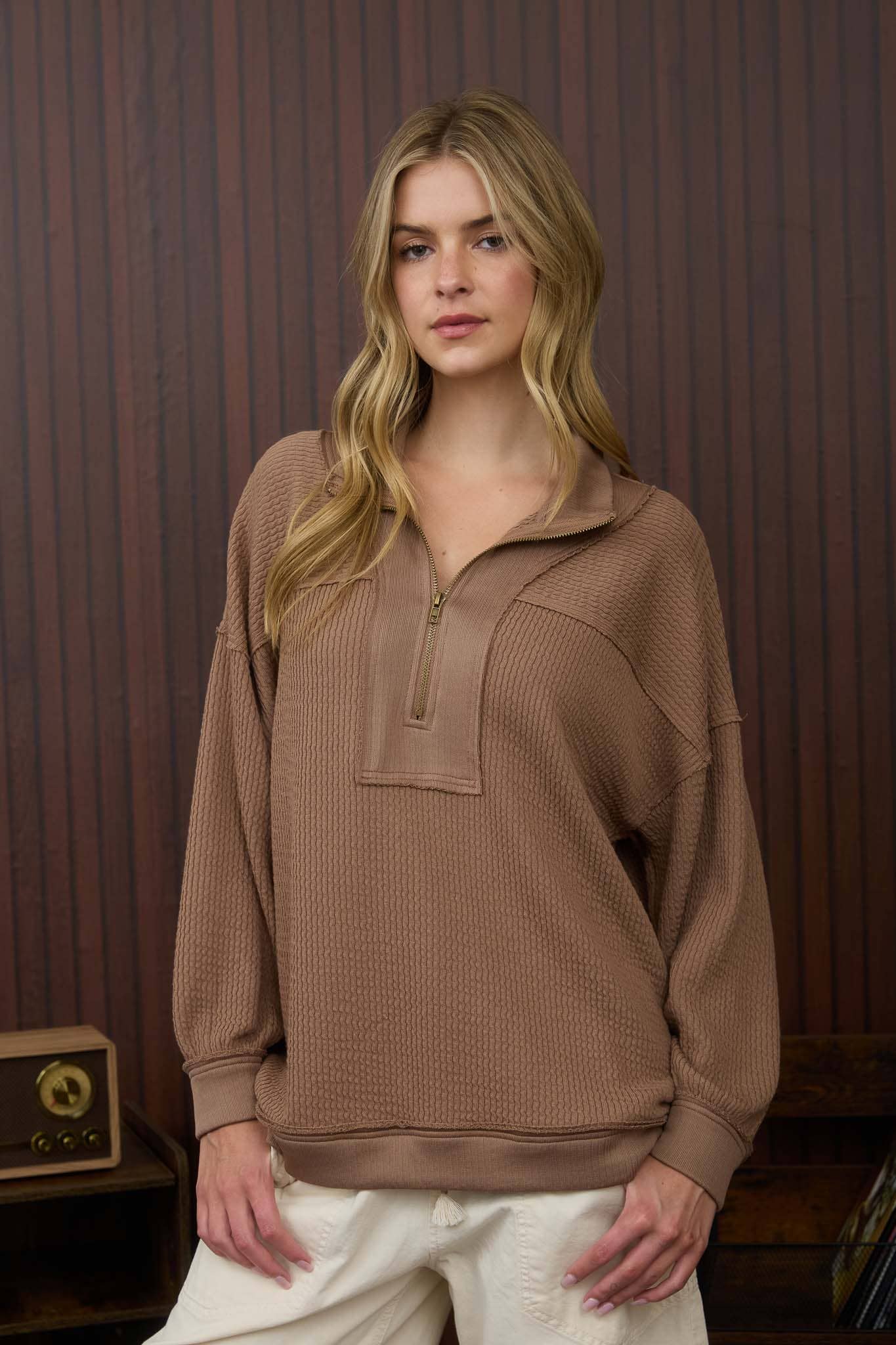 HALF ZIP COLLARED LONG SLEEVE WAFFLE KNIT TOP