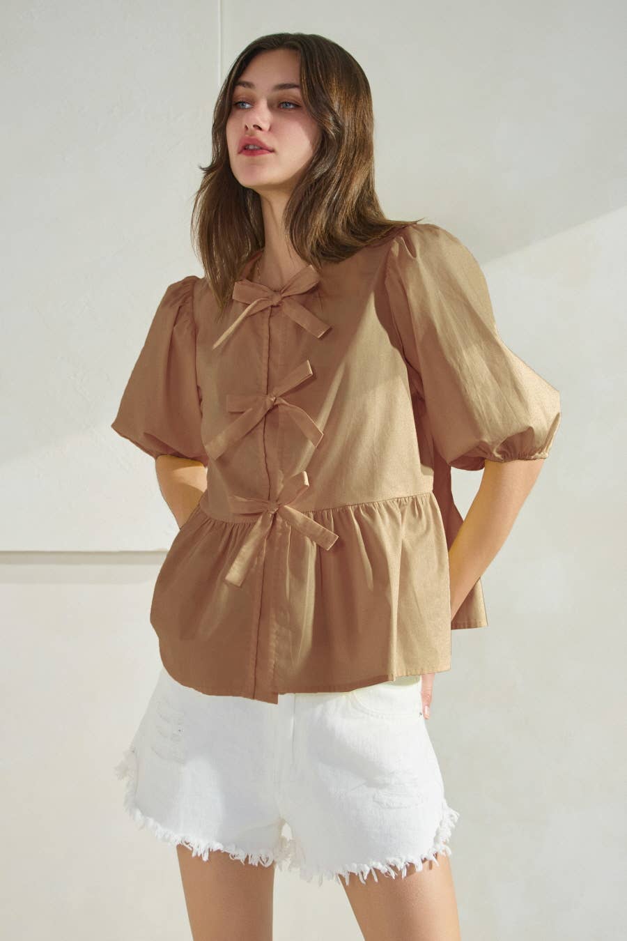 Solid Cotton Poplin Front Tie Ribbon Blouse: Burgundy / L