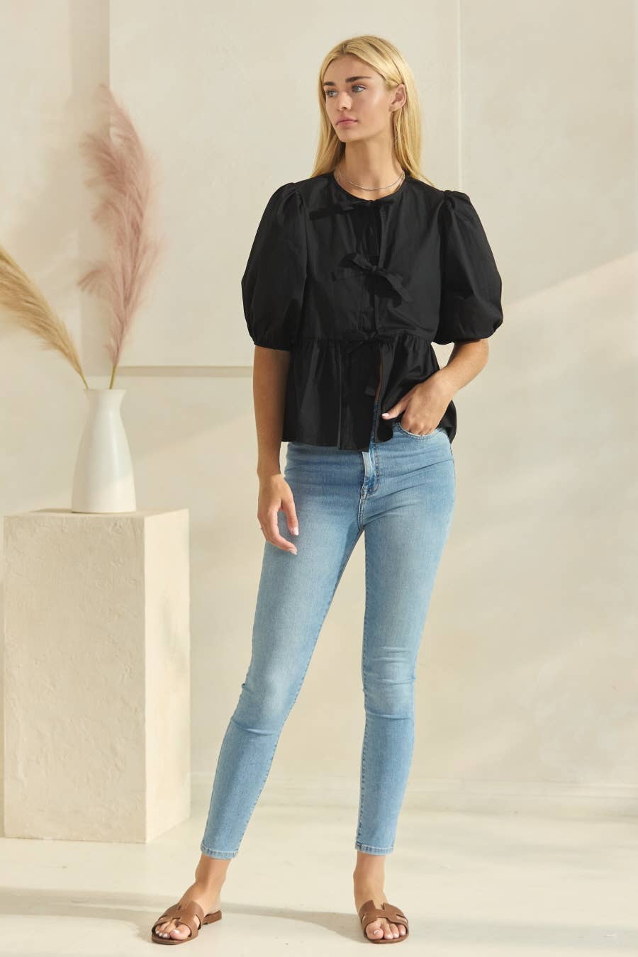 Solid Cotton Poplin Front Tie Ribbon Blouse: Burgundy / L