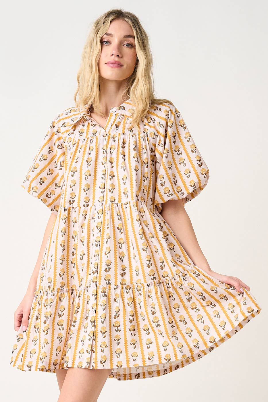 FLORAL STRIPE PRINT TIERED MINI SHIRT DRESS