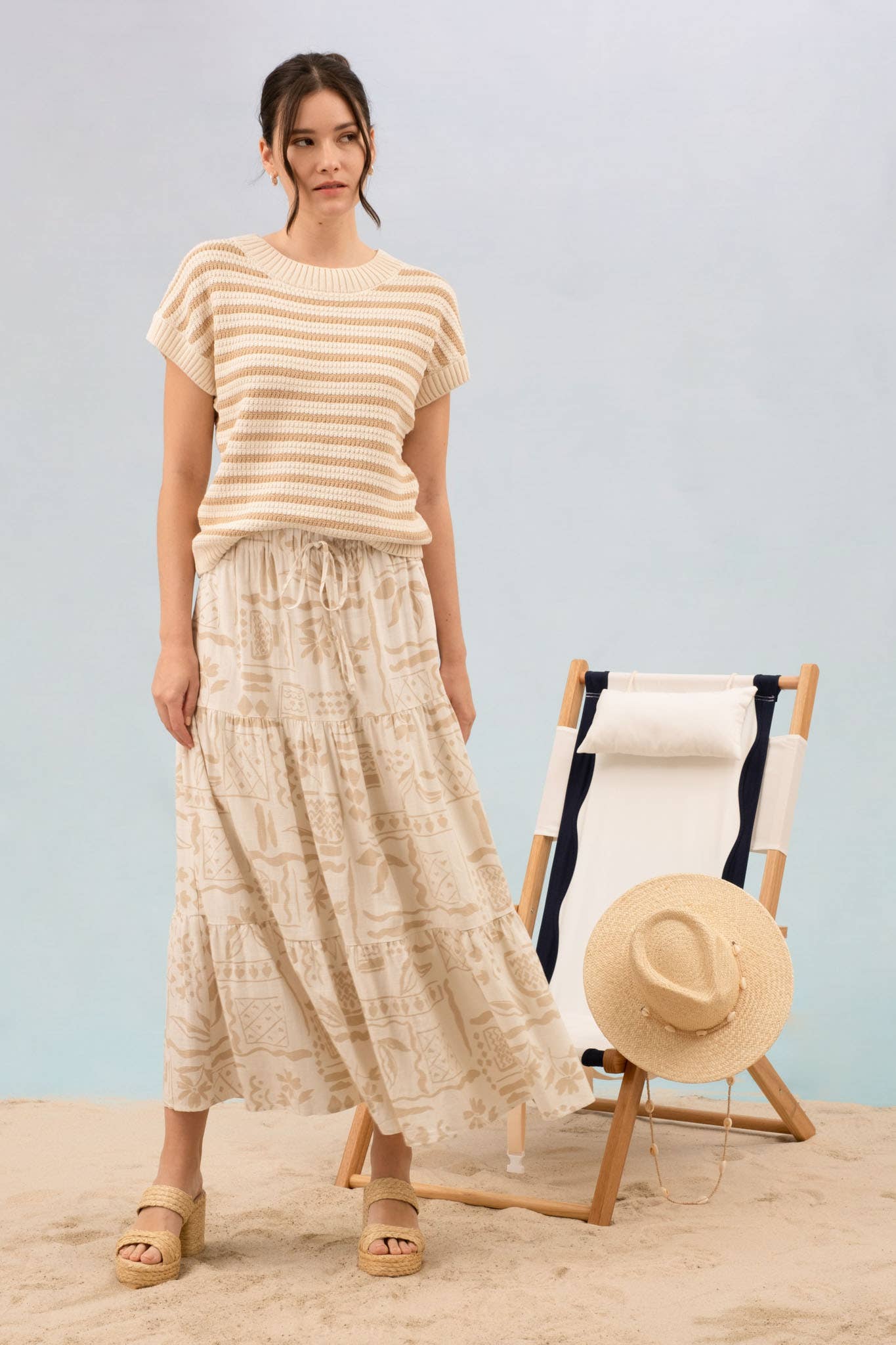 STRIPE CREW NECK SHORT SLEEVE KNIT PULLOVER