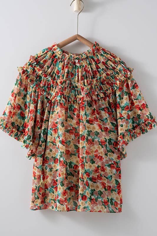 Aurora of Ruffle Short Sleeve Blouse: CORAL/GREEN / S-M-L(2-2-2)