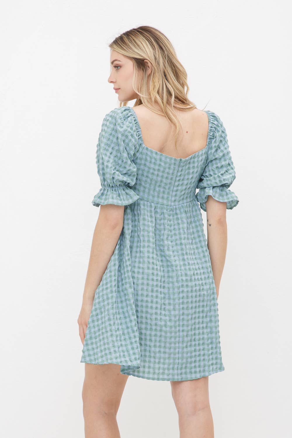 GINGHAM SQUARE NECK PUFF SLEEVE DRESS WITH POCKET: GREEN/BLUE / S-M-L(2-2-2)