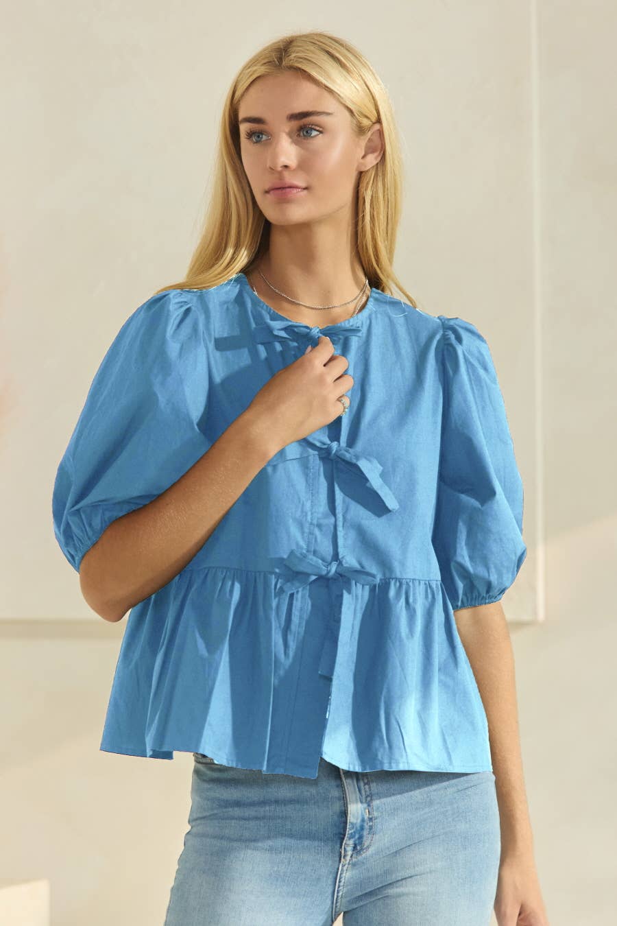 Solid Cotton Poplin Front Tie Ribbon Blouse: Burgundy / L