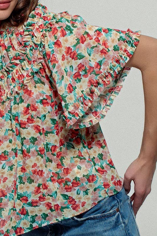 Aurora of Ruffle Short Sleeve Blouse: CORAL/GREEN / S-M-L(2-2-2)