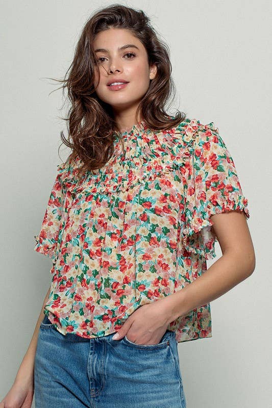 Aurora of Ruffle Short Sleeve Blouse: CORAL/GREEN / S-M-L(2-2-2)