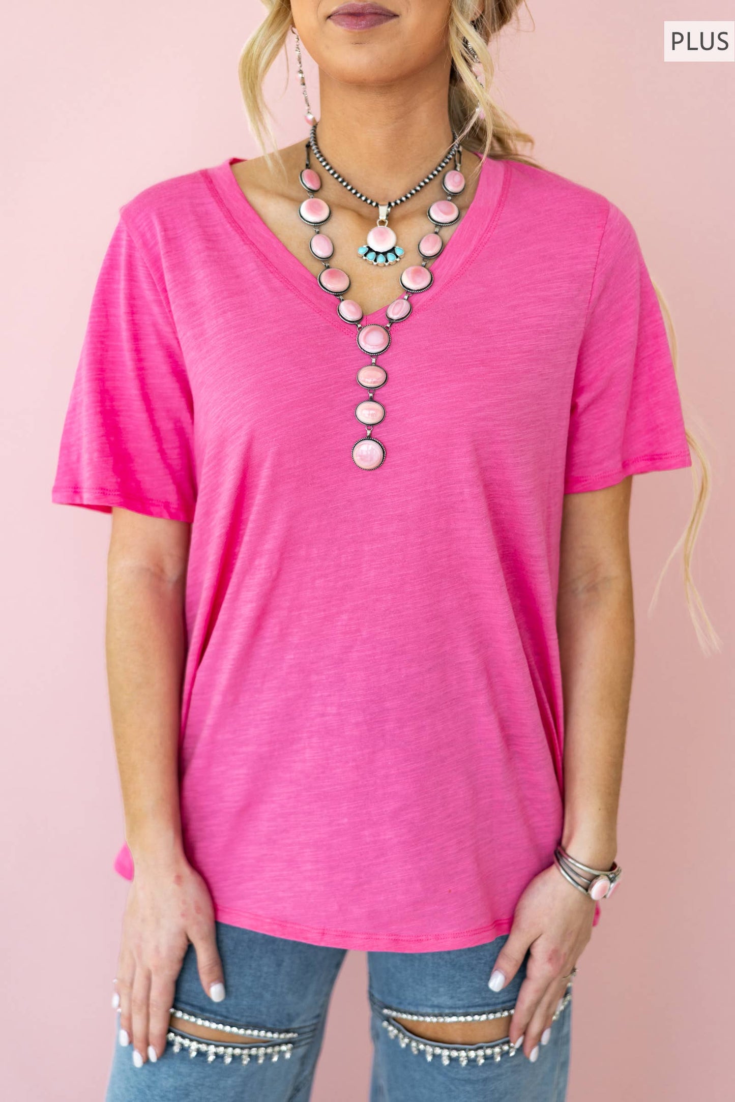 PLUS SIZE Casual Basic Cotton V Neck Short Sleeve: BLACK / 2X