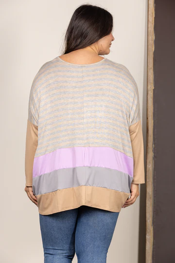 TAUPE STRIPE COLOR BLOCK CONTRAST OVERSIZE PLUS SIZE TOP