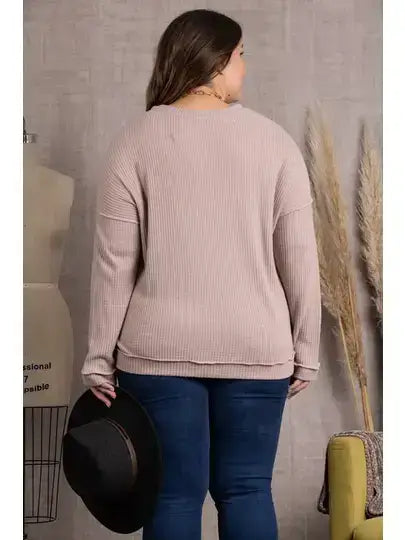 TAUPE RIBBED KNIT LONG SLEEVES PLUS SIZE TOP-M5044P