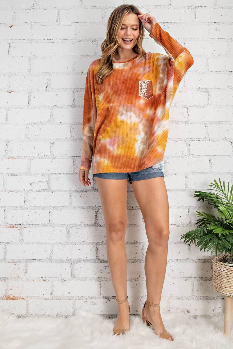 ST2256 - TIE DYE PRINTED LONG SLEEVE WAFFLE DOLMAN TOP
