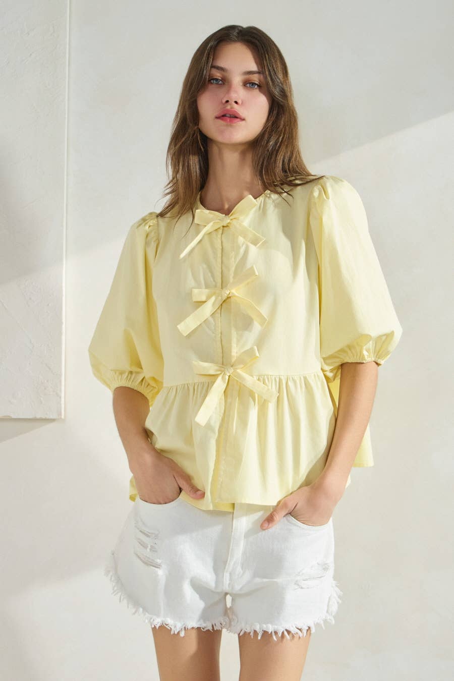 Solid Cotton Poplin Front Tie Ribbon Blouse: Burgundy / L