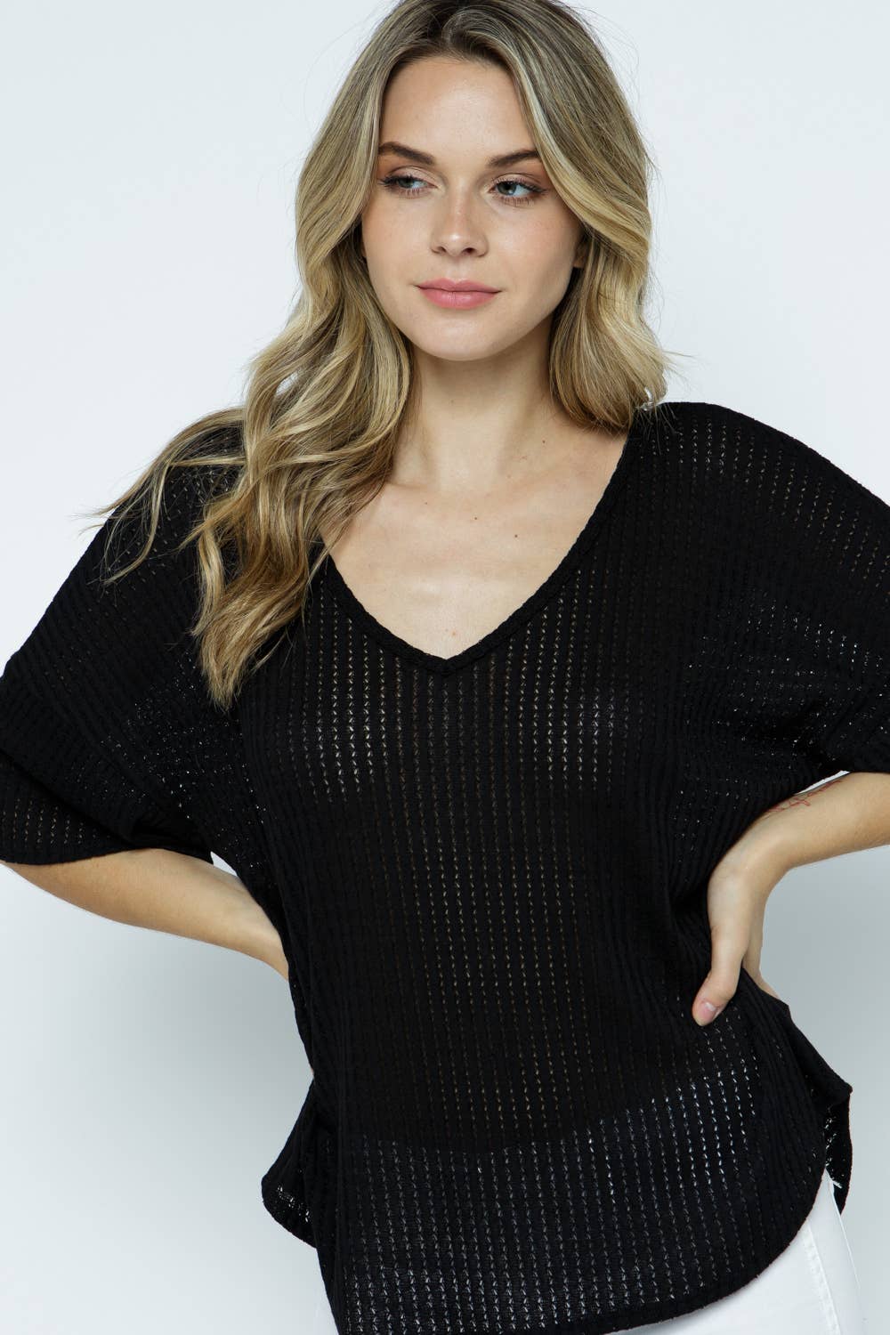 Solid Casual Comfy Waffle V-Neck Top: BLACK / S-M-L(2-2-2)