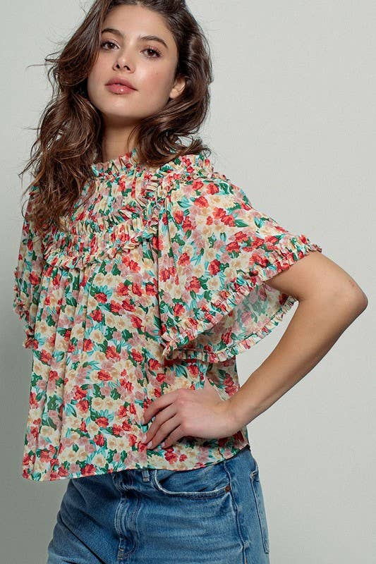 Aurora of Ruffle Short Sleeve Blouse: CORAL/GREEN / S-M-L(2-2-2)