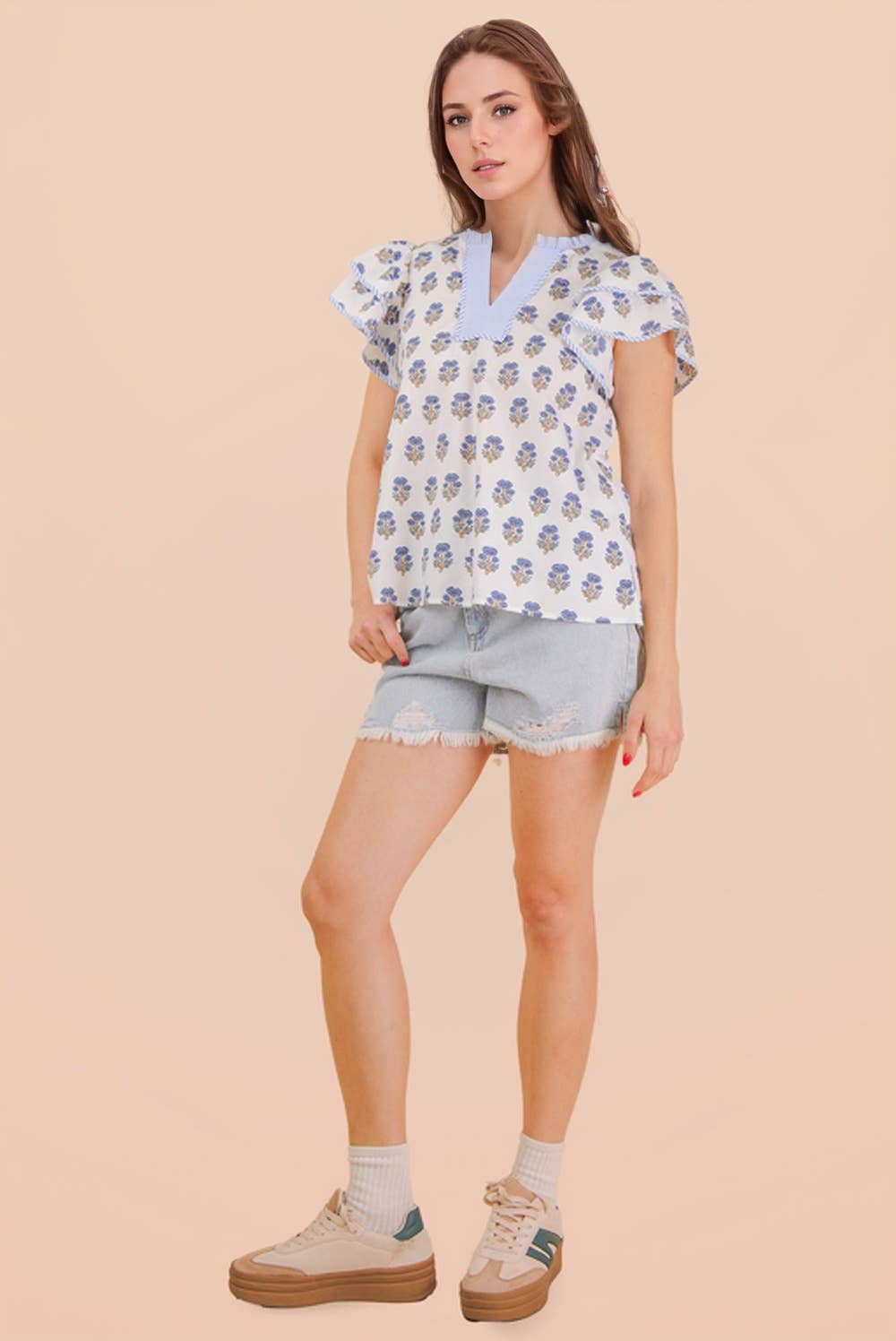 NT12444-Ruffle Sleeve Printed Woven Blouse Top