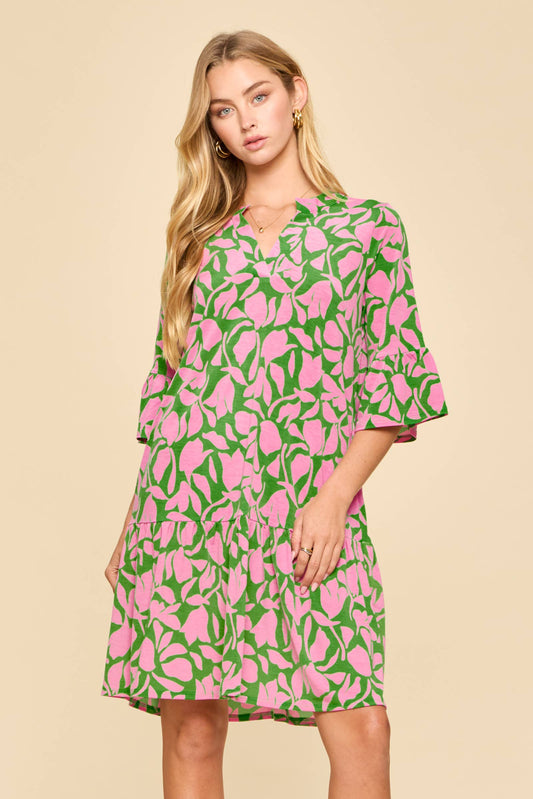 Floral Print Shirred Tiered 3/4 Sleeve Dress