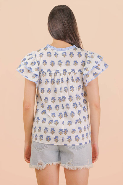 NT12444-Ruffle Sleeve Printed Woven Blouse Top