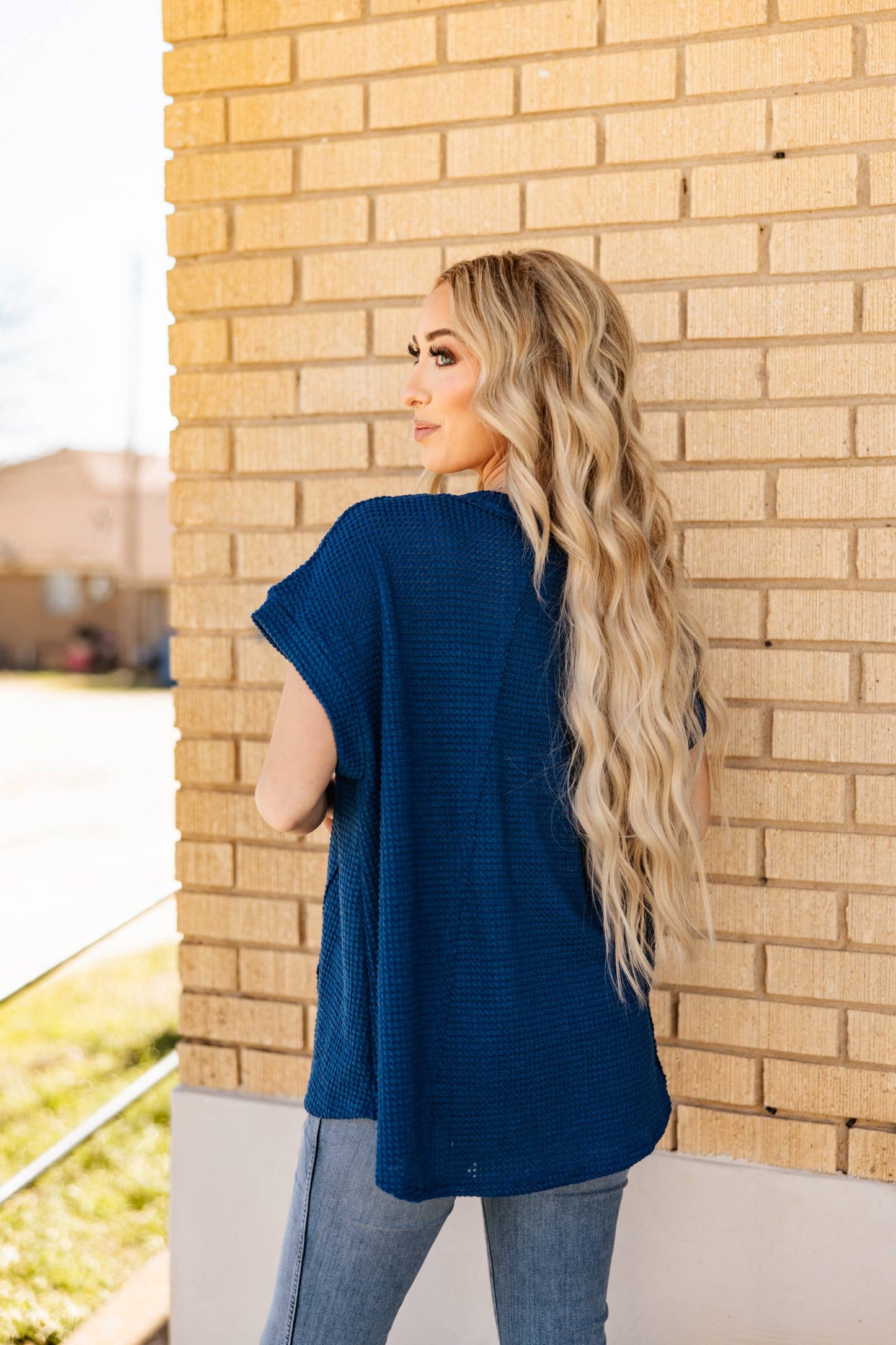Round Neckline Crochet Poncho Sleeve Top: NAVY / S/M