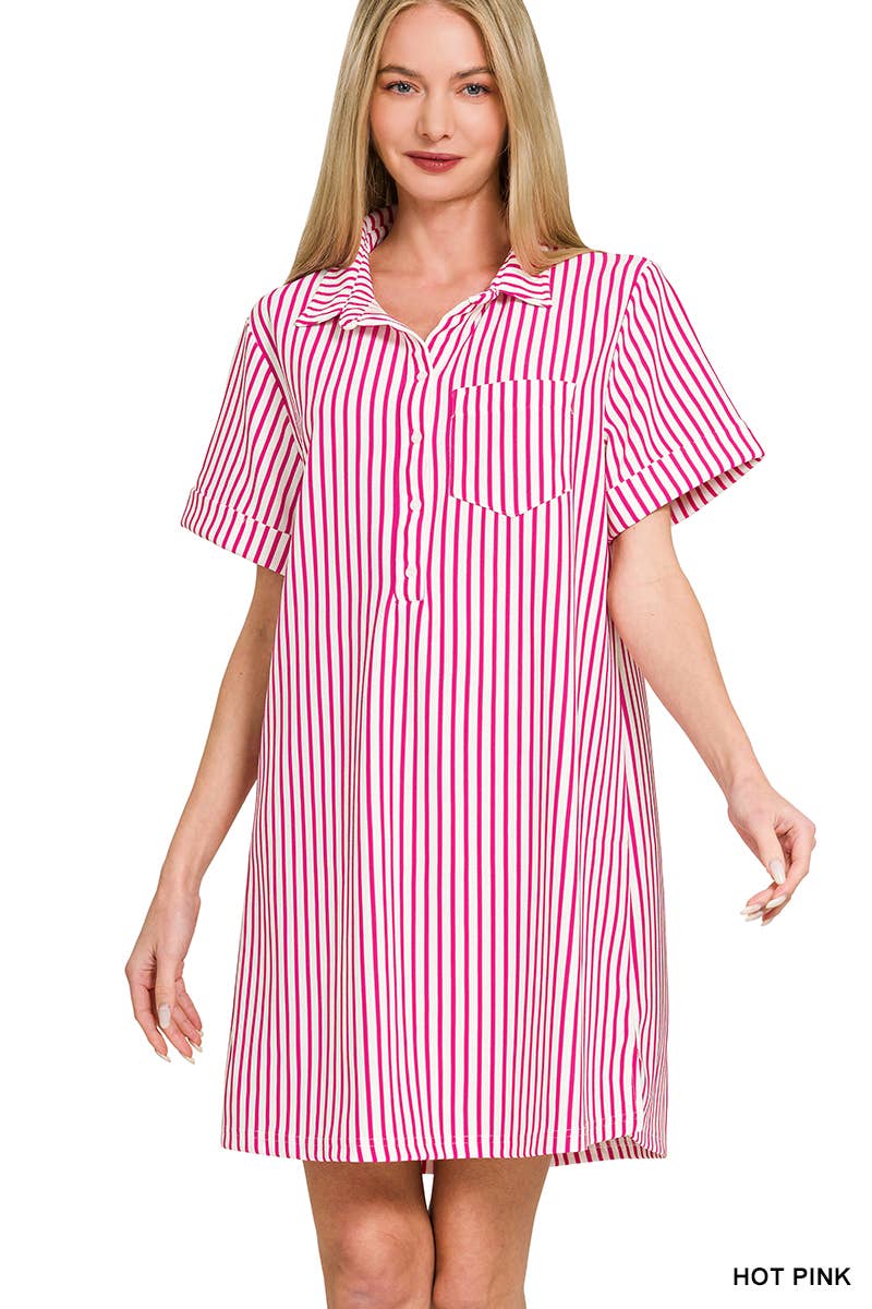 0210 Stripe Collared Half Button Up T-Shirt Dress SI-29476