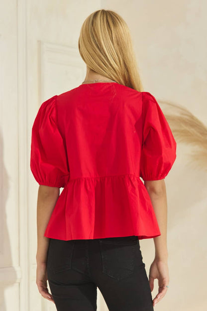 Solid Cotton Poplin Front Tie Ribbon Blouse: Burgundy / M