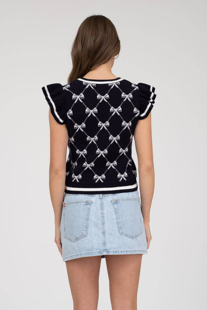 BOW PATTERN RUFFLE SLEEVE SWEATER KNIT TOP: IVORY