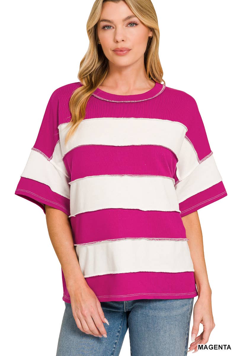 French Terry Striped Exposed Seam Top - Zenana