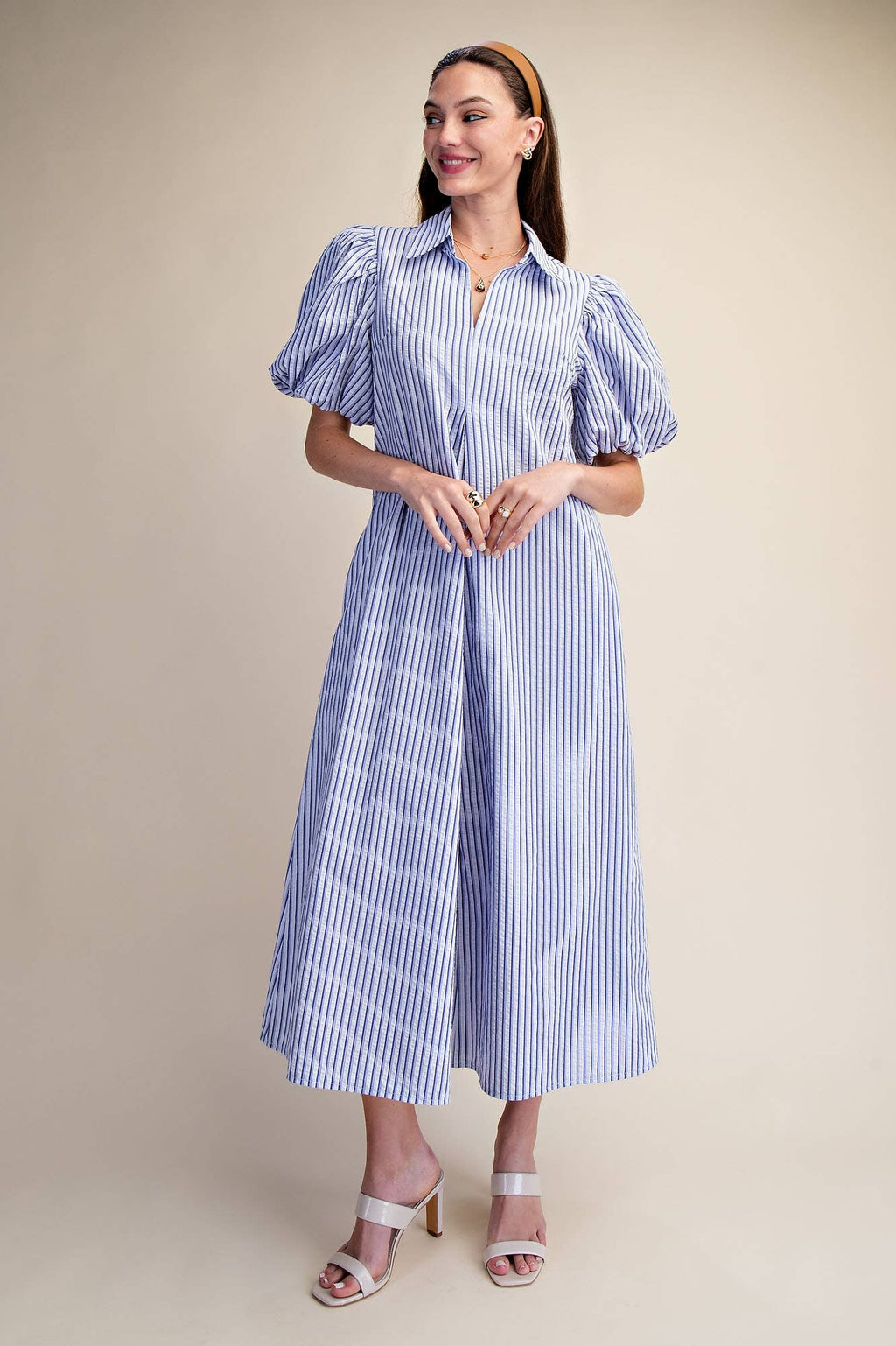 Collar V-Neck Puff Sleeve Stripe Pleated Midi Dress