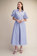 Collar V-Neck Puff Sleeve Stripe Pleated Midi Dress