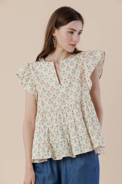 Floral Flutter Sleeve Tiered Blouse with Split Neck