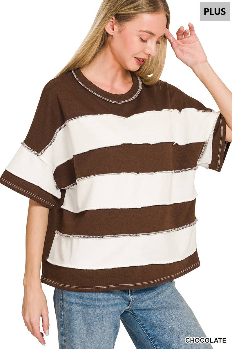 Plus French Terry Striped Exposed Seam Top - Zenana