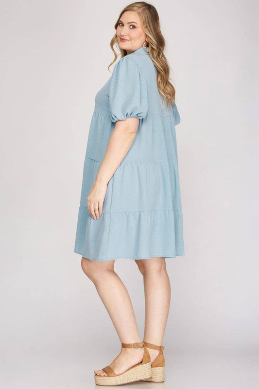 LT. BLUE SHORT PUFF SLEEVES TIERED PLUS SIZE MINI DRESS: LT. BLUE / Plus Size / 1XL
