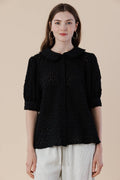 Peter Pan Collar Puff Sleeves Button-up Lace Blouse