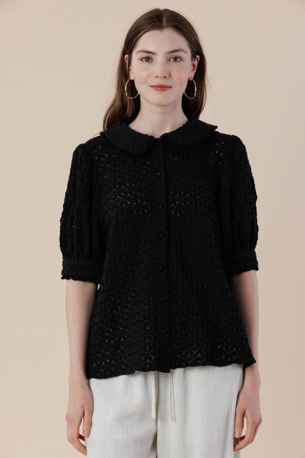 Peter Pan Collar Puff Sleeves Button-up Lace Blouse