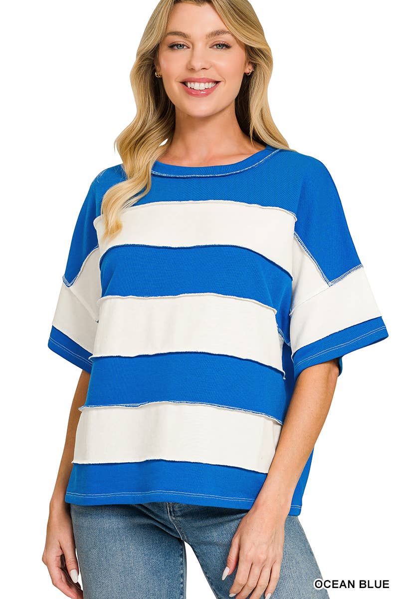 French Terry Striped Exposed Seam Top - Zenana