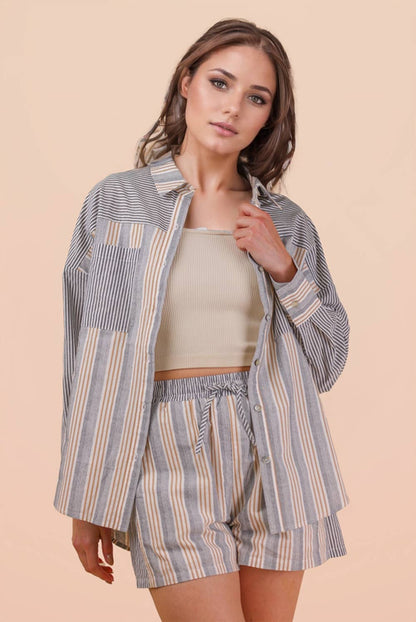 NT12497SETX-PLUS SIZE Stripe Woven Shirt Top & Shorts Set