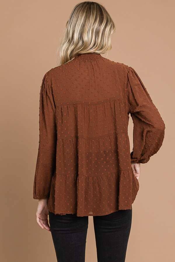 CWT1887Q - SMOCK NECK TIERED 3/4 SLEEVE TOP