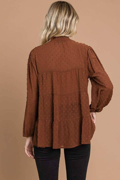 CWT1887Q - SMOCK NECK TIERED 3/4 SLEEVE TOP