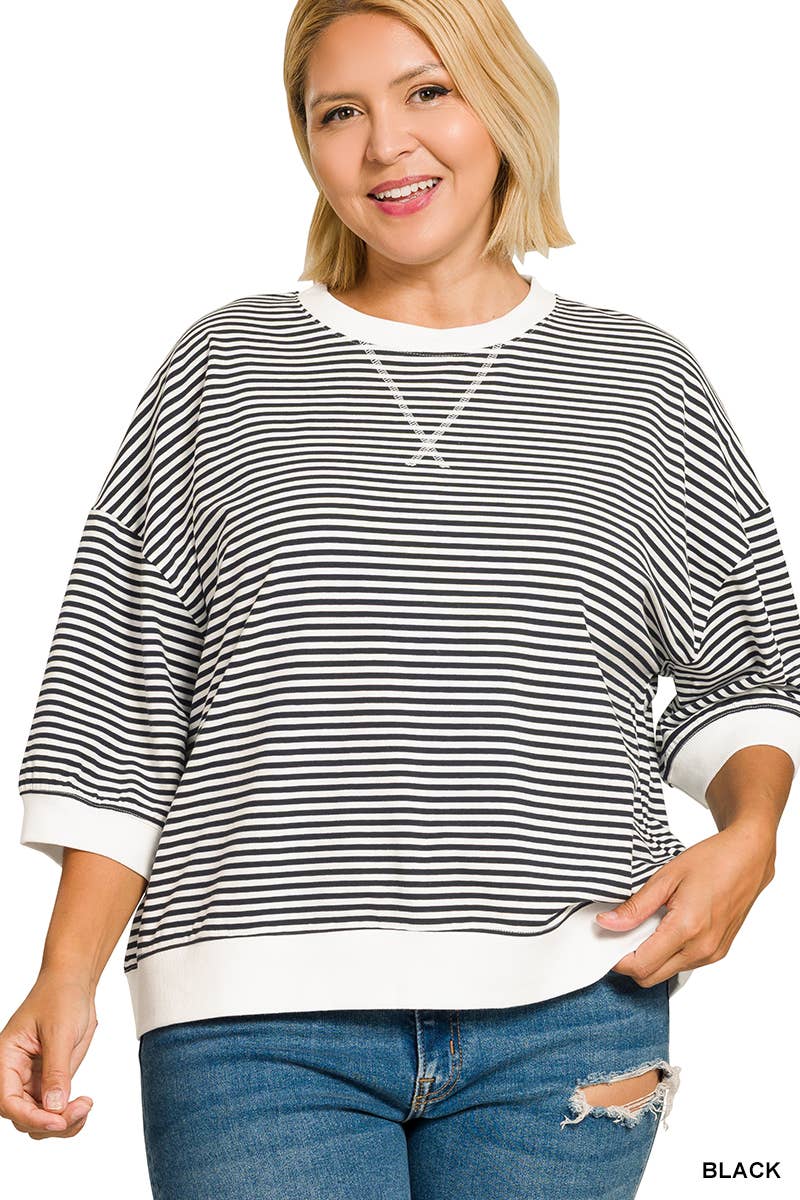 Plus Striped Rib Banded Short Sleeve Pullover