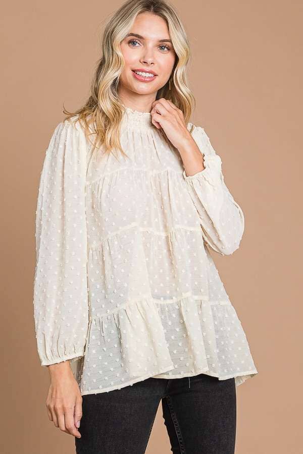 CWT1887Q - SMOCK NECK TIERED 3/4 SLEEVE TOP
