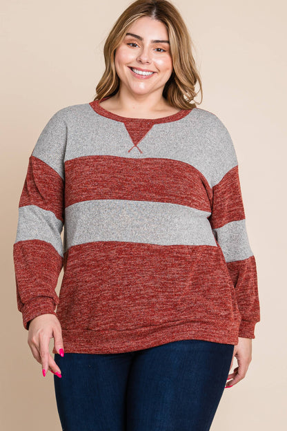 ETK-8626-PL Plus Size Color Block Casual Top