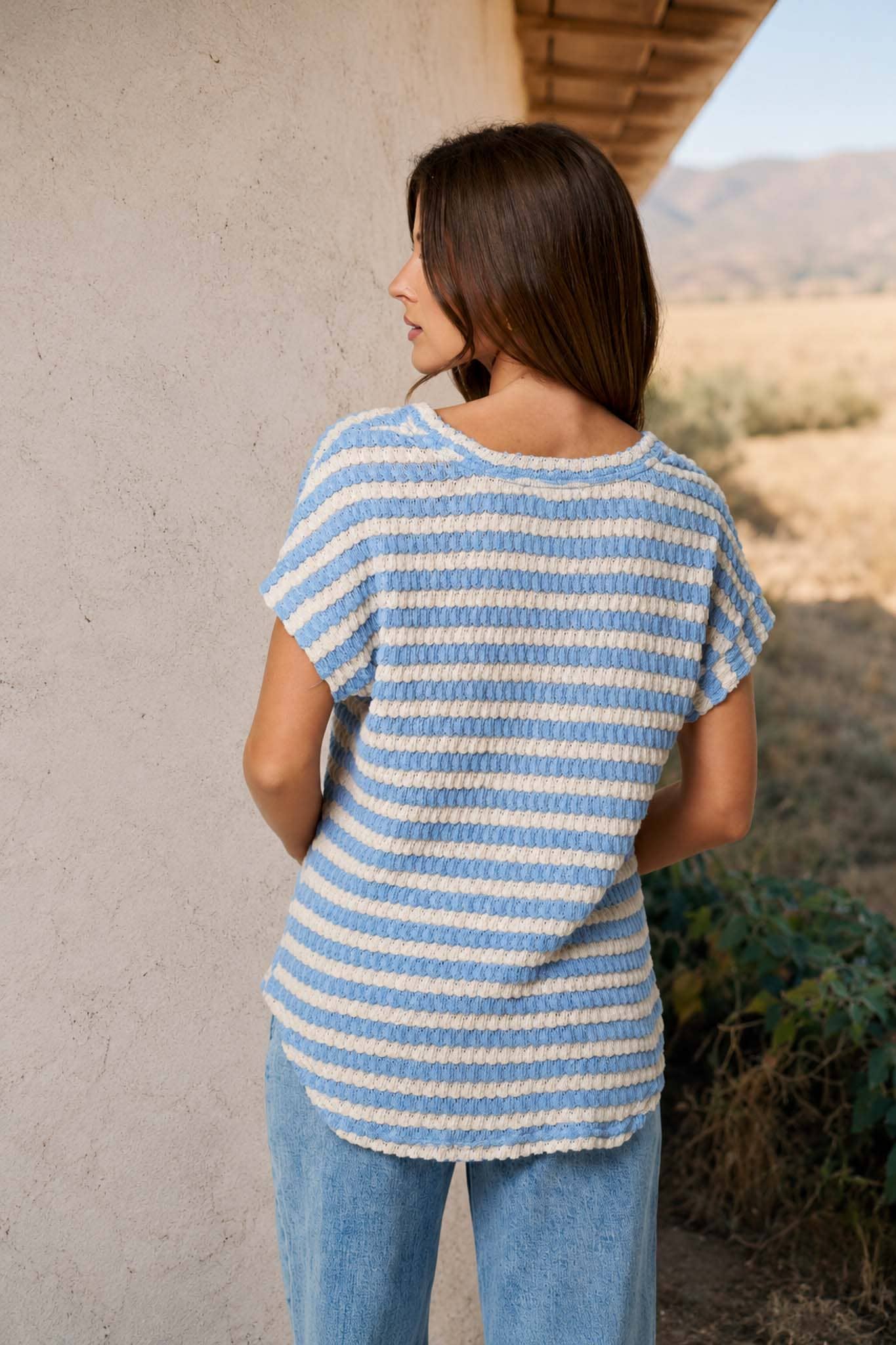 TEXTURED STRIPE ROUND NECK DOLMAN SLEEVE KNIT TOP