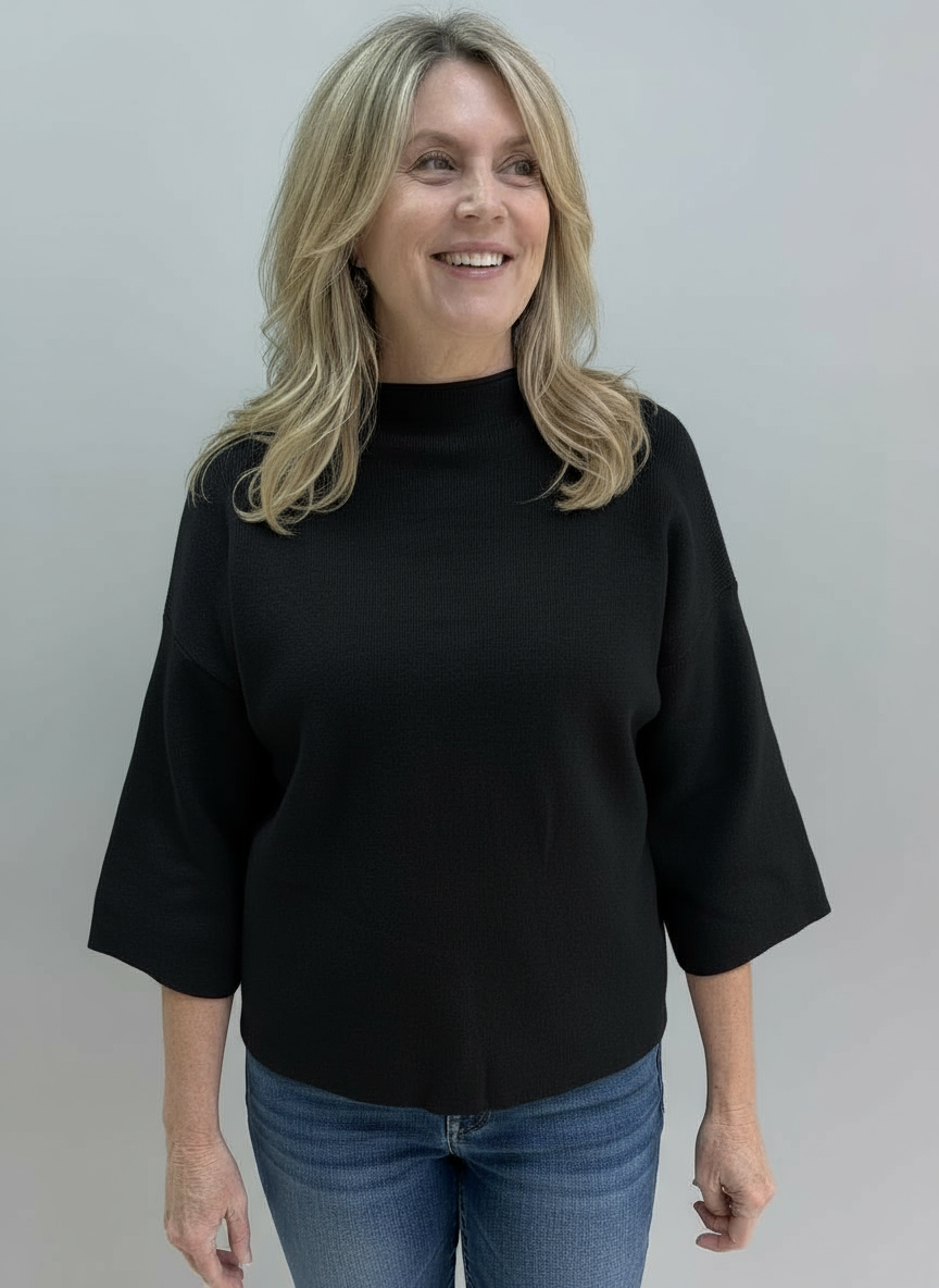 MBT-4095 Mock Neck 3/4 Wide Sleeve Sweater Top Black