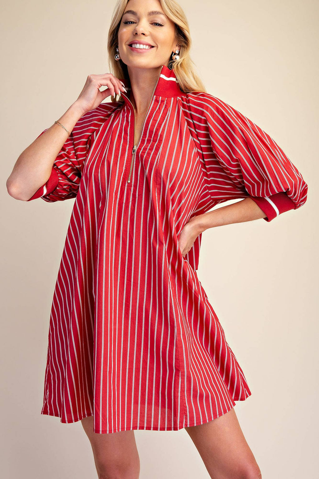 Mock Neck Band Half Zip Stripe Mini Dress